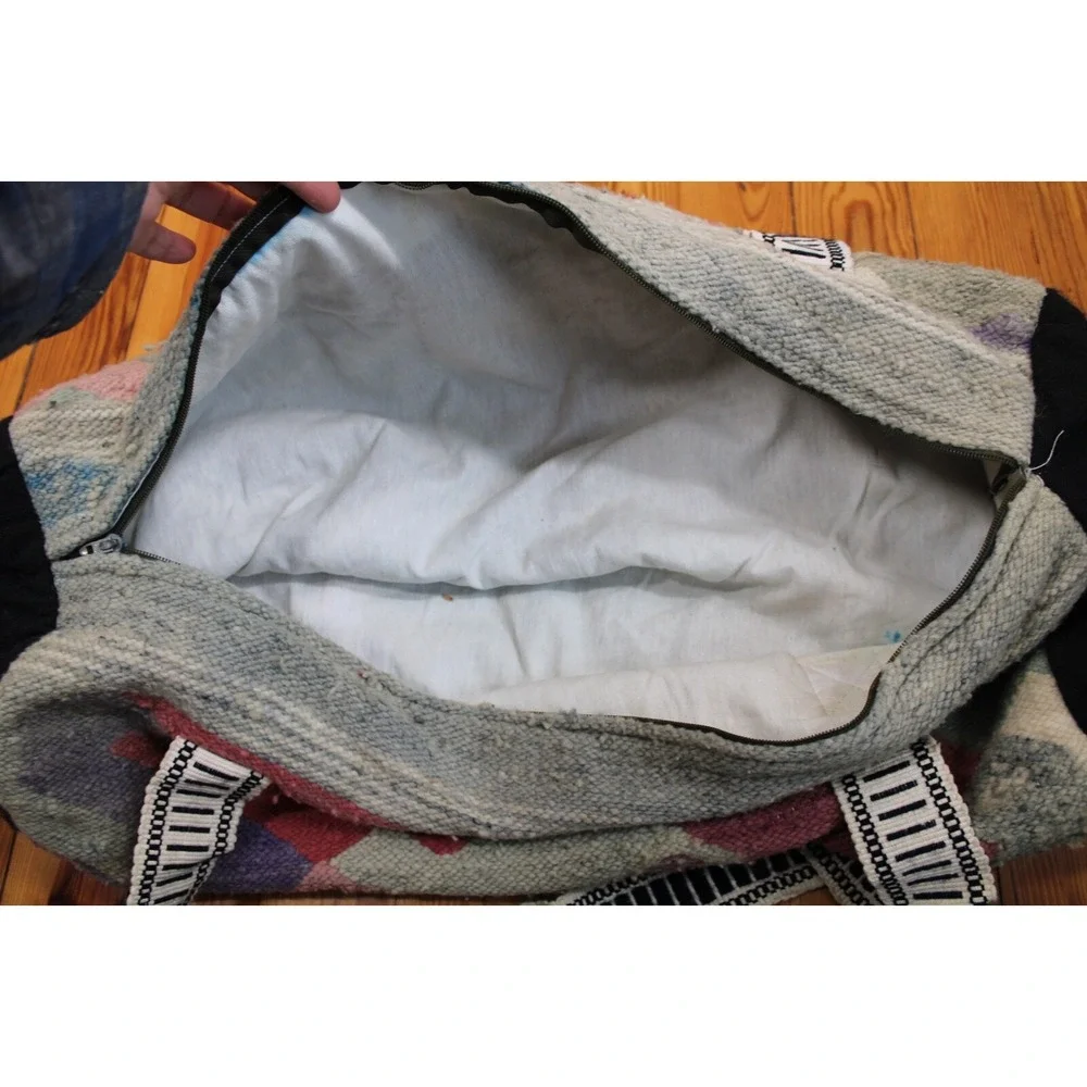 Vtg Mid Century Modern Wool Fabric Geometric Bird Duffle Bag